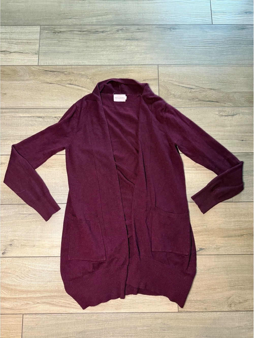Dreamers Burgundy Open Front Long Cardigan Sweater Pockets Cozy Fall Layer